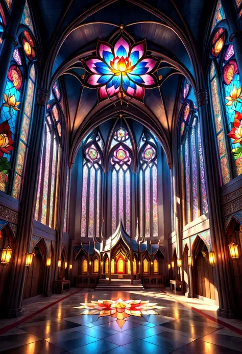 stained glass lotus,gothic pointed arched,detailed buddhist temple interior,vivid colorful lighting,dramatic dramatic dramatic lighting,intricate stained glass window design,highly detailed high quality,photorealistic,cinematic lighting,masterpiece