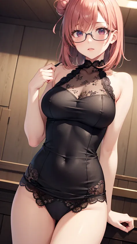 1girl, solo, masterpiece, best quality, high res, highly detailed, illustration, game cg, beatiful detailed eyes, yuigahama yui, single hair bun, glossy lips, light makeup, blush, hostess club, halter top dress, lace panties, looking at viewer, glasses