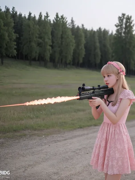 photo russian girl 18 age wearing pink dress firing from ak47rfs, ak47rfs, ak47rfs hands, ak47rfs shooting, in her hands, maximalist,dof, soviet era,