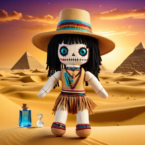 (knitted toy voodoo doll:1.7), (Voodoo Doll:1.3), (Clothing: light desert attire with hieroglyph patterns:1.0), (Accessories: enchanted sunhat emitting golden light, levitating water flasks:1.1), (background: majestic pyramids with floating sands, glowing ...