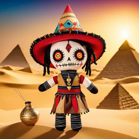 (knitted toy voodoo doll:1.7), (Voodoo Doll:1.3), (Clothing: light desert attire with hieroglyph patterns:1.0), (Accessories: enchanted sunhat emitting golden light, levitating water flasks:1.1), (background: majestic pyramids with floating sands, glowing ...