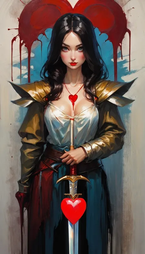 icon with a heart, a sword and blood(art inspired by Bill Sienkiewicz). oil painting)
