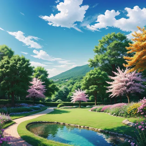 Make the most beautiful summer season landscape that you can, make it look like an anime 