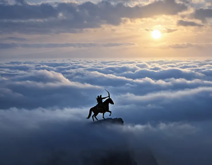 une sublime archer sur le dos d'un aigle, s'envole dans un ciel radieux, (un seul arc tendu à la main), long cheveux flottants, ...