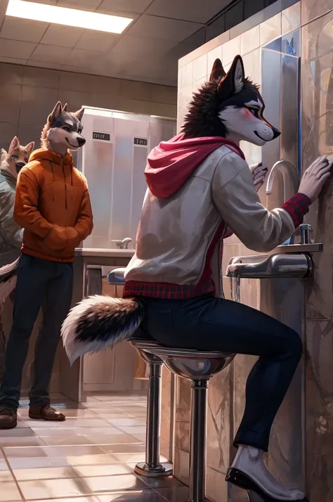 anthro female husky, teenager, slim feminine body, crowded bathroom, people in the background, (detailed lighting), fluffy tail, (detailed fur), (detailed background), [detailed ambient light], [gray natural lighting], [realistic proportions], [explicit co...