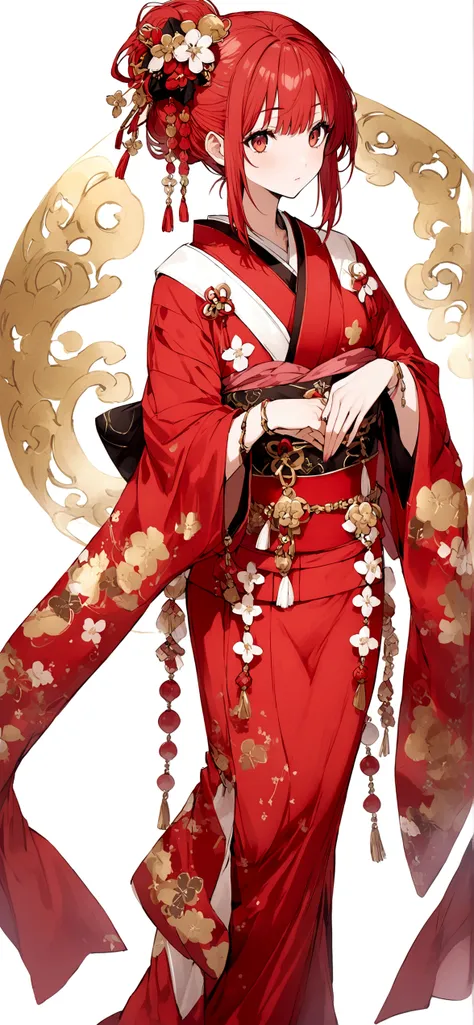 White background、Red kimono、Red Hair、Red eyes、Plum blossom accessories、25 year old sister、whole body