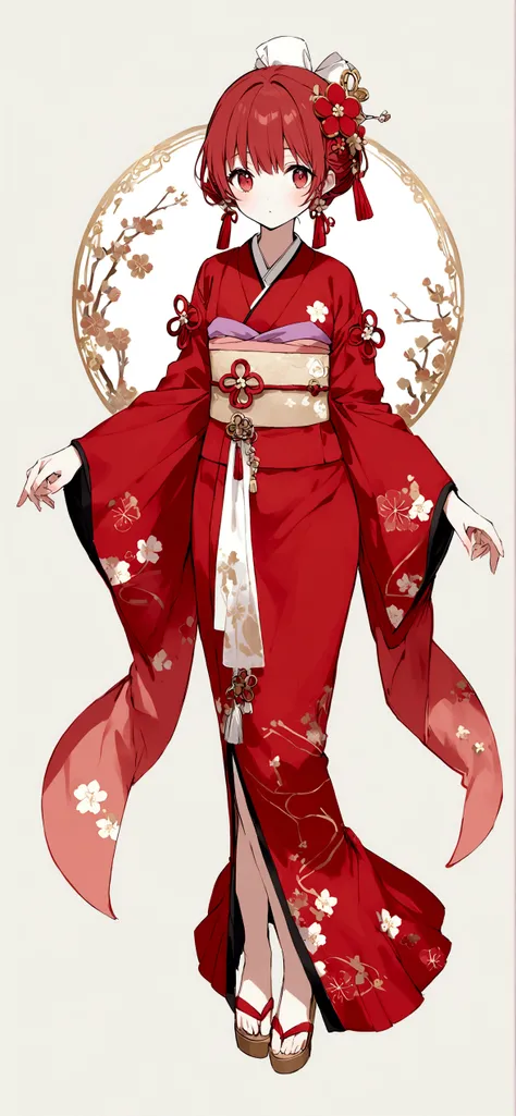 White background、Red kimono、Red Hair、Red eyes、Plum blossom accessories、25 year old sister、whole body