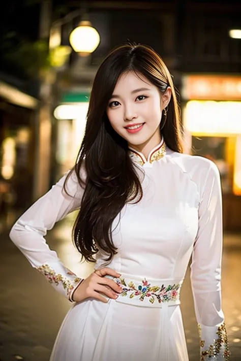 (a beautiful Chinese lady, age 18, Vietnamese traditional dress Ao Dai, amateur photographer in Hanoi night market, friendly expression, dimpled smile, cute snaggle-tooth,  beautiful detailed face, beautiful detailed eyes, ample round bosom, photorealistic...