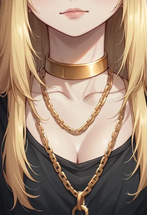 a woman with blonde hair wearing a black shirt and a gold chain around her neck, wearing gold chain, wearing a gold chain, detailed portrait shot, medium close up portrait, wearing gold detailed choker, close up portrait shot, photo of young woman, portrai...