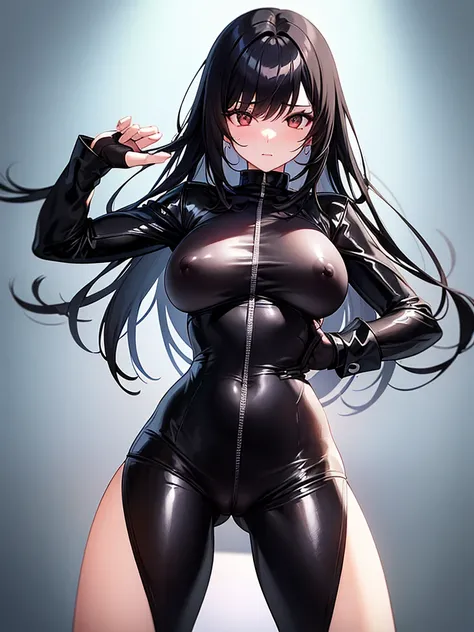  girl with long black hair with bangs in a tight-fitting leather suit showing vagina and revealing nipples 