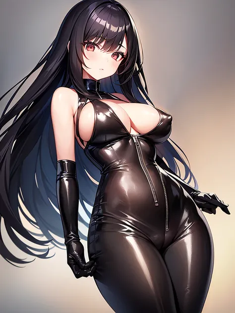  girl with long black hair with bangs in a tight-fitting leather suit showing vagina and revealing nipples 