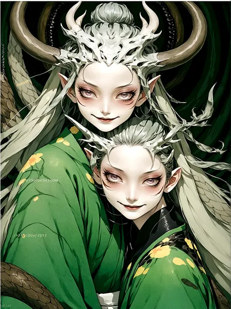 2 girls，green kimono，horns on the head，japan fear