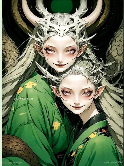 2 girls，green kimono，horns on the head，japan fear