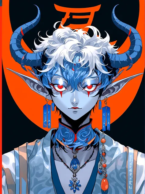 blue and orange，Elf Boy，With horns，earrings，Orange Eyes，Japanese horror style