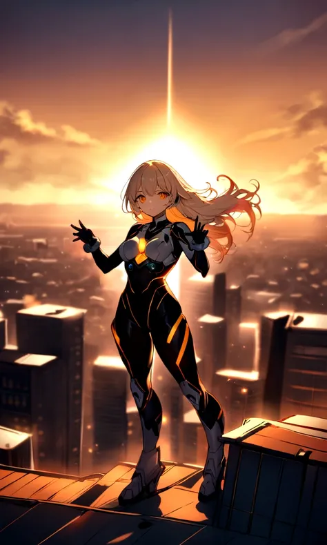 A beautiful captivating image, Energetic girl standing proudly on the roof of a skyscraper, By her futuristic, Mecha style suit. She waved a huge, A powerful sword，Pose confidently，Signal with eyes. energetic colors and details of the suit create a visuall...