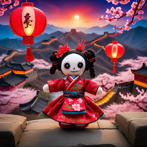 (knitted toy voodoo doll:1.7), (Voodoo Doll:1.3), (Clothing: traditional Chinese attire with dragon patterns:1.0), (Accessories: enchanted fan emitting red light, levitating lanterns:1.1), (background: iconic Great Wall of China with floating cherry blosso...