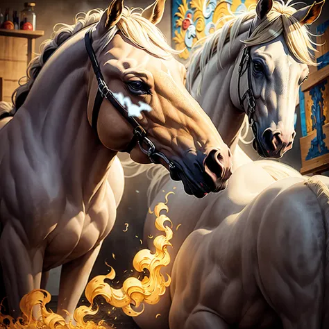 horse, white, divine, night, (yellow smoke), glows, (masterpiece:2), (high detail), (high quality), (natural lighting),