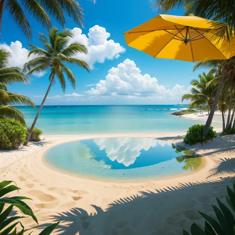 Make the most beautiful summer season landscape that you can, make it look like an anime, make it look more summery, the main focus is summer, make it a beach landscape with reflections in the ocean, make a wider and larger view, cover a lot of area, it is...