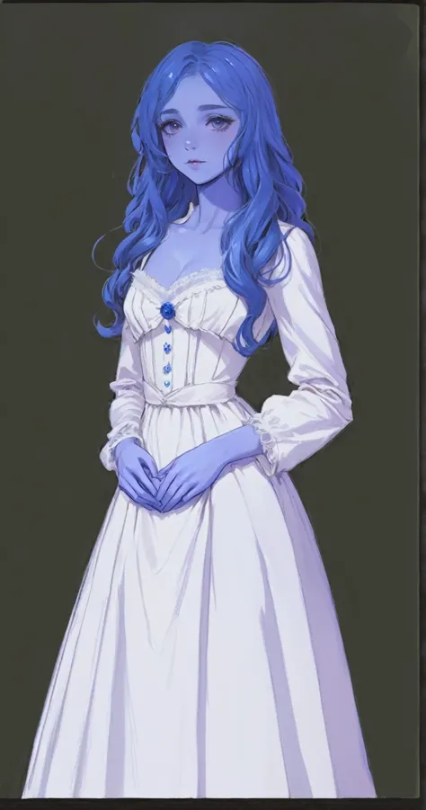 beautiful illustration, ultra-detailed, masterpiece, anime style, victorian white dress, blue skin, girl, long blue hair, wavy h...