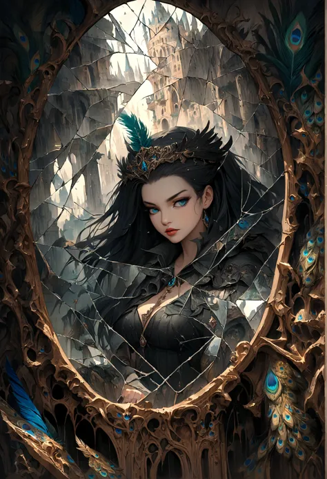 wonderland，Witch with mysterious powers，((beautiful))，Black hair，Dark Castle，Peacock feather，((Broken mirror，Fragments))，magic, Fantastic, Fantasy art concept, Intricate details, best quality, masterpiece, Extremely sharp, Surrealism