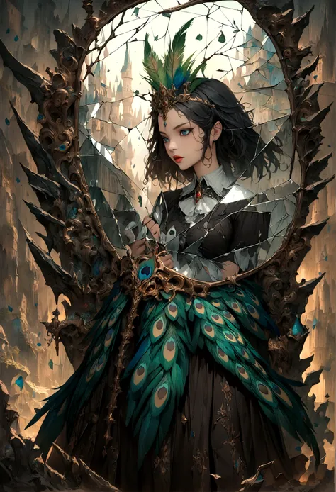 wonderland，Witch with mysterious powers，((beautiful))，Black hair，Dark Castle，Peacock feather，((Broken mirror，Fragments))，magic, Fantastic, Fantasy art concept, Intricate details, best quality, masterpiece, Extremely sharp, Surrealism