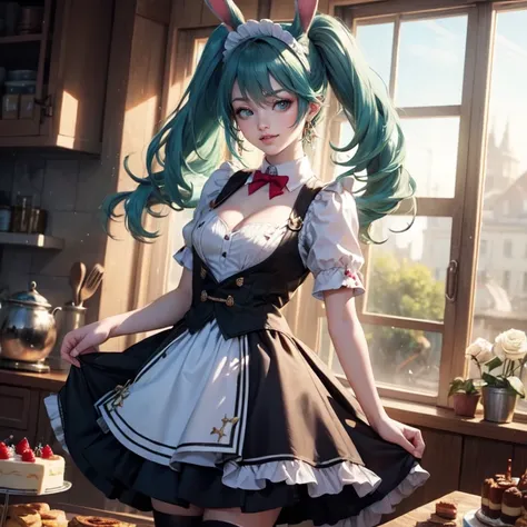 1girl, centered girl, perfectly body, perfectly hands, solo, jewelry, white roses, rabbit ears on her hair, ornament hair, twintails, rabbit jewel on her hair, aqua hair, long hair, long flowing hair, floating hair, ornament hair, perfectly body, perfectly...