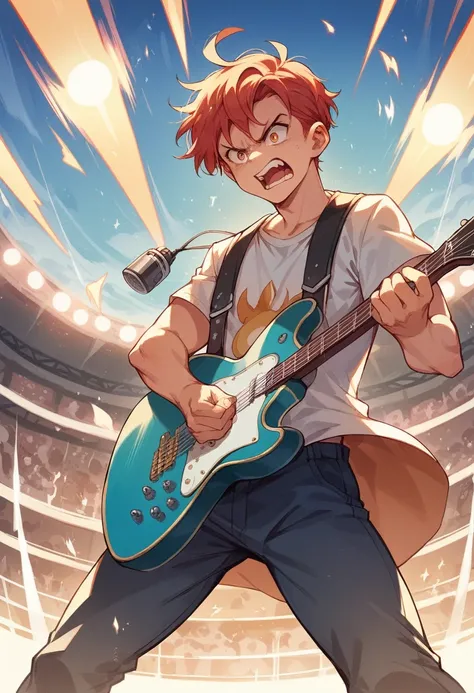 AhOn a stage doing a live concert in front of a large audience in a stadium playing gibson  lespaul guitar making power stance and singing with an angry facial expression. Face Front Full bodyshot camera angle