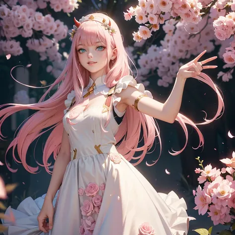 long hair, pink hair, black horns, long flowing hair, floating hair, ornament hair, perfectly body, perfectly hands, white rose ...