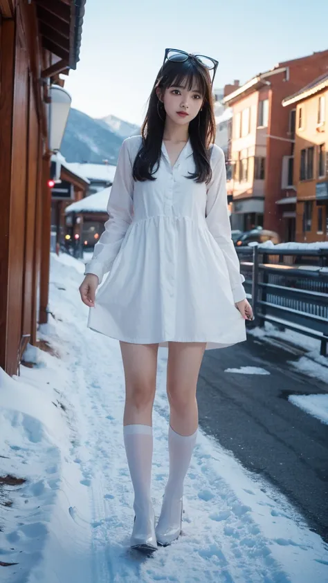 1 girl, bangs,stockings，race，dress，outdoor，snow，snow花,　upright,　whole body