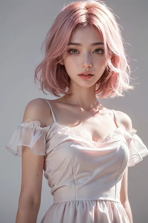 Light pink hair, Pink Eyes, Pink and white, Vibrant colors, White Dress, Paint splashes, Simple Background, Ray Tracing, short hair