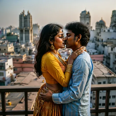 they are kissing on a balcony overlooking a cityscape, by bikash bhattacharjee, from slumdog millionaire, couple kissing, by sun...