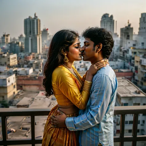 they are kissing on a balcony overlooking a cityscape, by bikash bhattacharjee, from slumdog millionaire, couple kissing, by sun...