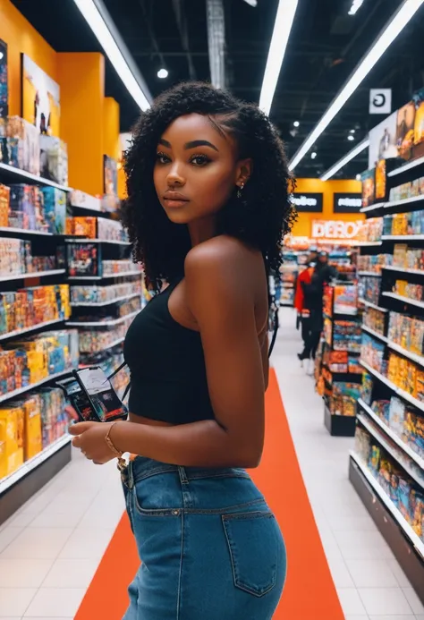 photo tres realiste ,8k utra ,fille noire ,dans un magasin