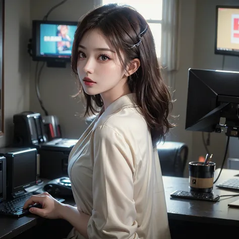 ((top quality, 8K, masterpiece: 1.3)), 1 woman, Cyberpunk Japanese Adult Female, Naomi Sasaki, office attire, employee, detailed eyes, Detailed nose, Detailed lips, brown hair, upper body, ass pov