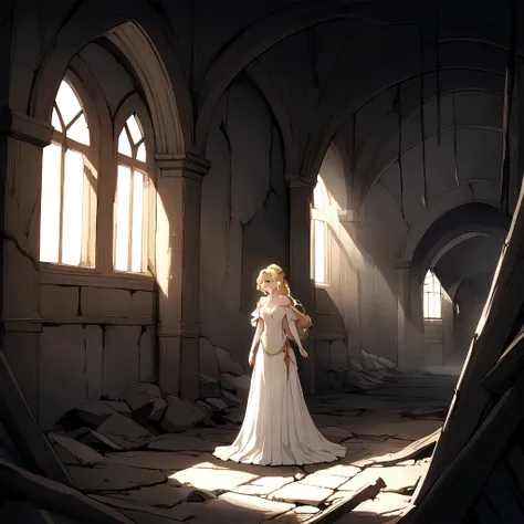 Sirnthe ghost of a blonde princess, 20 years old, wearing a white dress.  her beauty is combined with the horror of the wounds on her face and body.  he was standing in an abandoned castle.  terrible atmosphere.