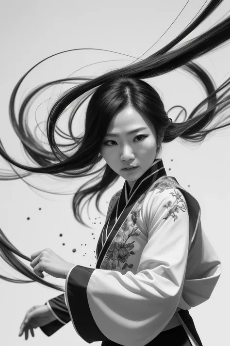 zydink, monochrome, ink sketch, asian (middle age woman), fighting stance, looking at viewer, long hair, floating hair, hanfu, chinese clothes, long sleeves, (abstract ink splash:1.2), white background
