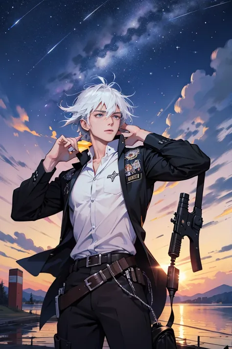 masterpiece, best quality, male，Background is starry sky, Cowboy, high-tech products, Holding a revolver and shooting into the air