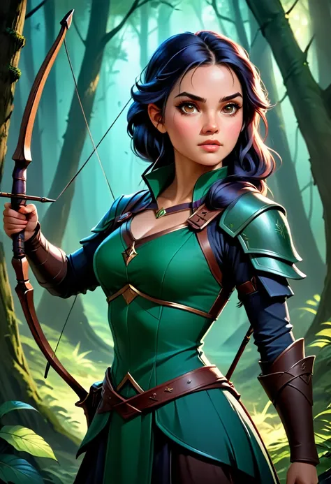 a skilled archer in a forest, highly detailed portrait, beautiful female character, dramatic lighting, cinematic composition, da...