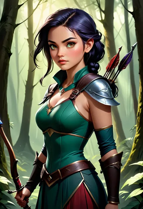 a skilled archer in a forest, highly detailed portrait, beautiful female character, dramatic lighting, cinematic composition, da...