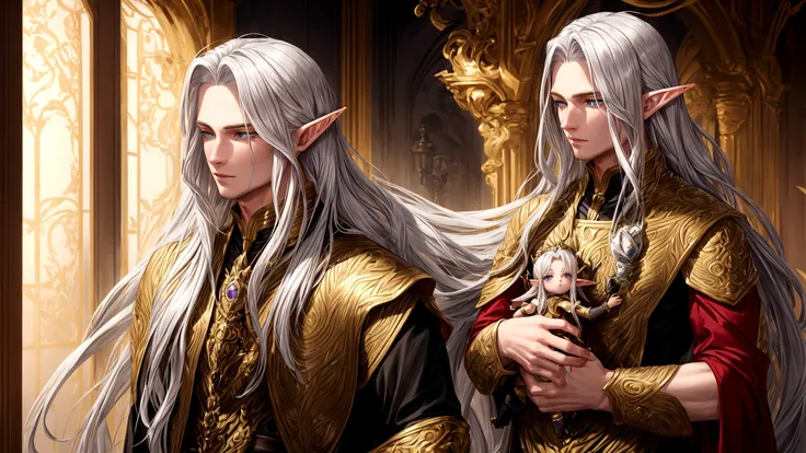 a guy with golden hair and masculine features holds an elf girl with long silver hair in his arms, Guy blonde, fantasy