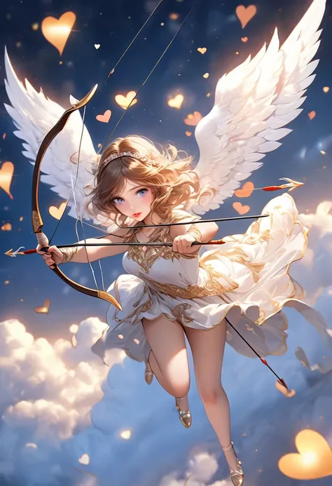 Beautiful Detailed Eyes, Beautiful Detailed Lips, Extremely Detailed Eyes and Face, Long Lips, Love Angel Cupid (Archer), angel wings, bow, arrows, (holding a bow and shooting arrows): 1.2 from above the clouds, heart-shaped arrowhead: 1.2, hearts flying, ...