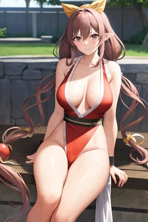 masterpiece, best quality, beautiful art, high resolution, well formed hands, body and fingers, 1 woman, solo, Rinna Mayfield,   grown up,  cosplaying as Mai Shiranui , red_japanese_clothes, adult, large and round breasted, cleavage full body, pelvic curta...