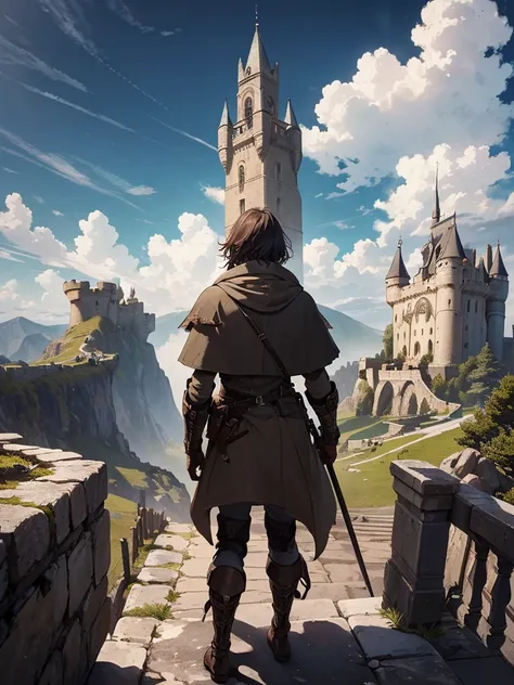 (​masterpiece、top-quality、hight resolution), An adventurer standing in the wilderness outside the castle walls, looking up at the castle. The adventurers back is facing the viewer, showcasing their rugged gear and weaponry. The castle walls and the majesti...