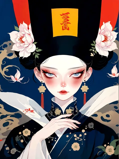 Qing Dynasty Zombie Portraits，Black hat，There is a rune on the forehead，Stand collar robe，Japanese horror style Japanese pop surrealism, author：Yukika Kosaka, Nguyen Gia and Joao Nguyen, 
