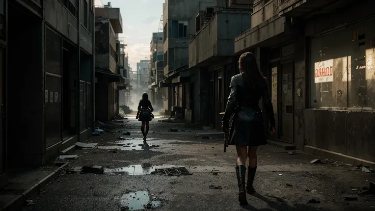 The Heroines Journey Begins (Realistic Image)

A wide shot of the heroine walking through the abandoned streets, armed with a futuristic weapon. The atmosphere is tense, with shadows and remnants of civilization scattered around. Realistic, high-quality, a...