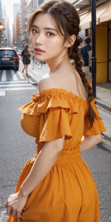 a woman posing on the street corner with orange dress on, best quality, 1girl, large breast, day, bright, blur background, bokeh, outdoor, (street:0.8), (people, crowds:0.8), (off-shoulder dress:1.2), gorgeous, (braided bangs:1.2), beautiful detailed sky, ...