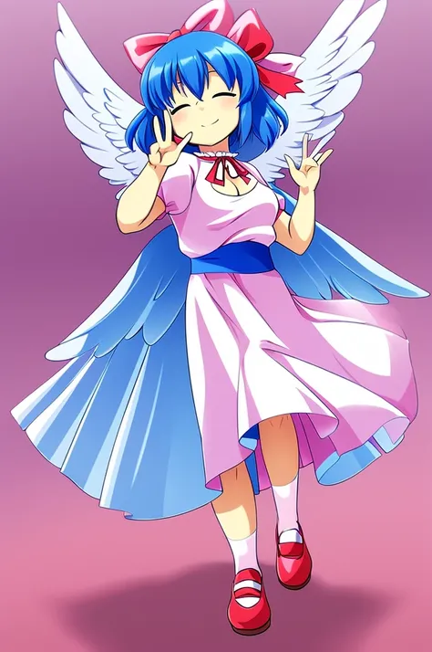 masterpiece, best quality, 1girl, , , 10 years old, medium blue hair, hair flaps, pink ribbon on head, well-formed face, blue eyes, angel girl, white blouse, puffy short sleeves, red ribbon, angel wings, long white skirt, red shoes, frills, ribbon head, fr...