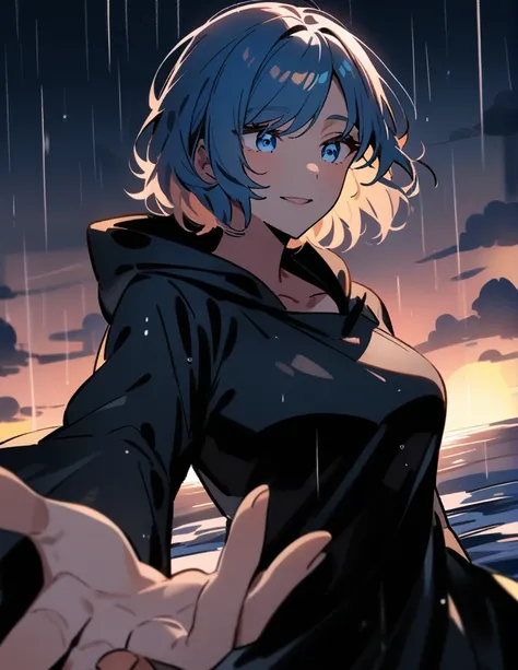 Mysterious Greek milf woman with short hair, wearing a hood in a long black robe, with dazzling blue eyes, reaching out while making a proposal, on a rainy night with the endless thundering ocean in the background