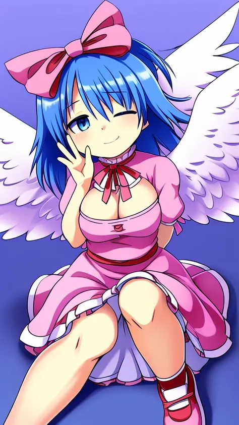 masterpiece, best quality, 1girl, , , 10 years old, medium blue hair, hair flaps, pink ribbon on head, well-formed face, blue eyes, angel girl, white blouse, puffy short sleeves, red ribbon, angel wings, long white skirt, red shoes, frills, ribbon head, fr...