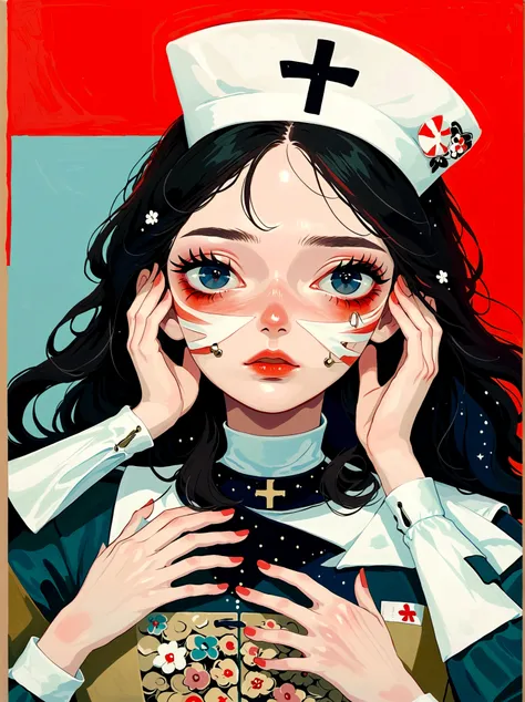 Anime style，Nurse，A woman with her hands on her face, Japan fear